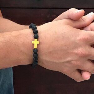 Handmade Yellow Sideways Cross w/ Black Lava Stone Beaded Stretch Bracelet